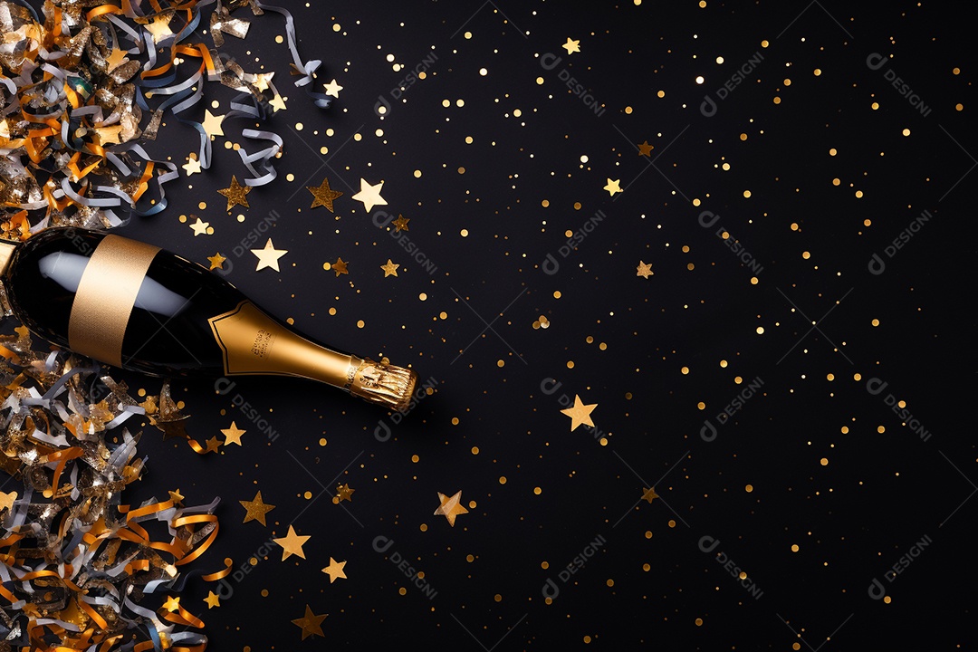 Fundo de celebração com garrafa de champanhe dourada