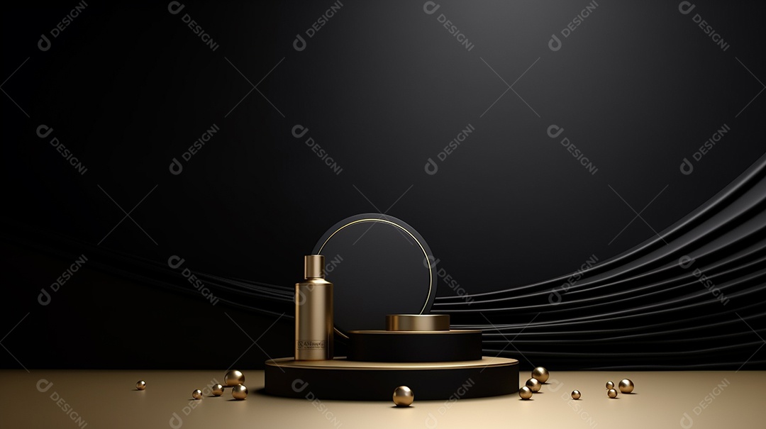 Renderização 3D do fundo preto do produto para cosméticos cremosos Fundo moderno do pódio dourado