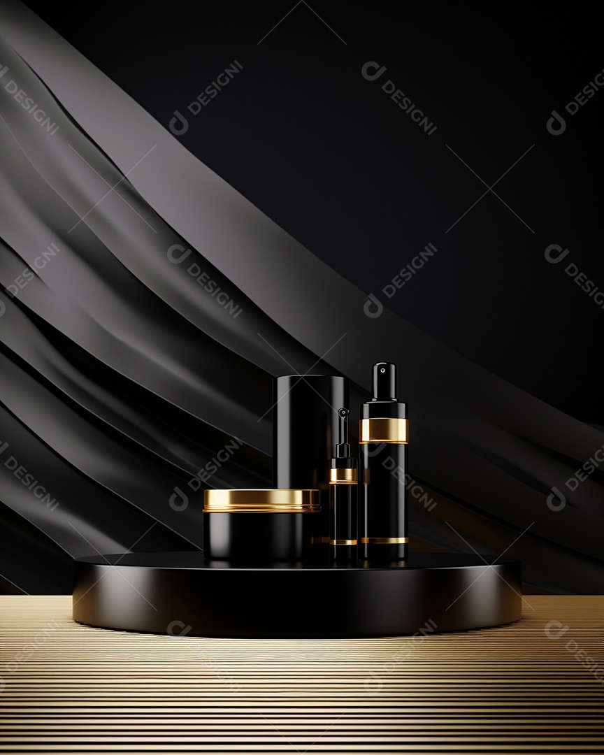 Renderização 3D do fundo preto do produto para cosméticos cremosos Fundo moderno do pódio dourado