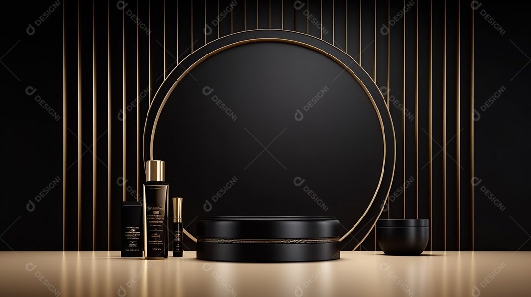 Renderização 3D do fundo preto do produto para cosméticos cremosos Fundo moderno do pódio dourado