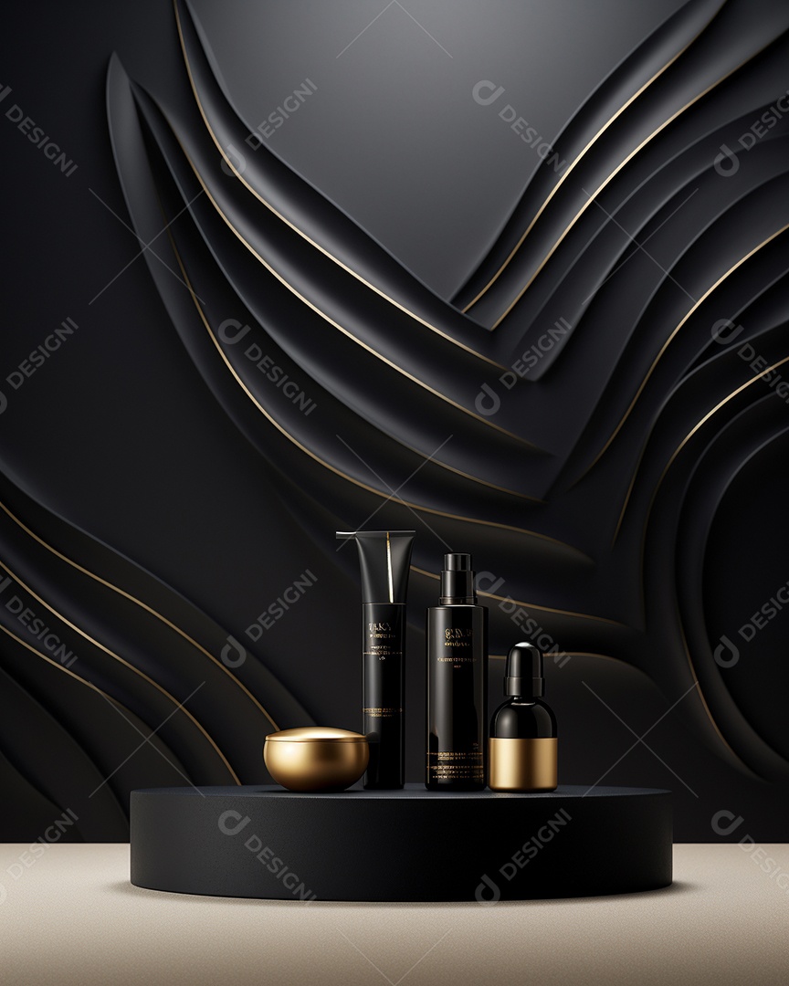 Renderização 3D do fundo preto do produto para cosméticos cremosos Fundo moderno do pódio dourado