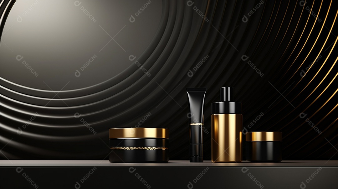 Renderização 3D do fundo preto do produto para cosméticos cremosos Fundo moderno do pódio dourado