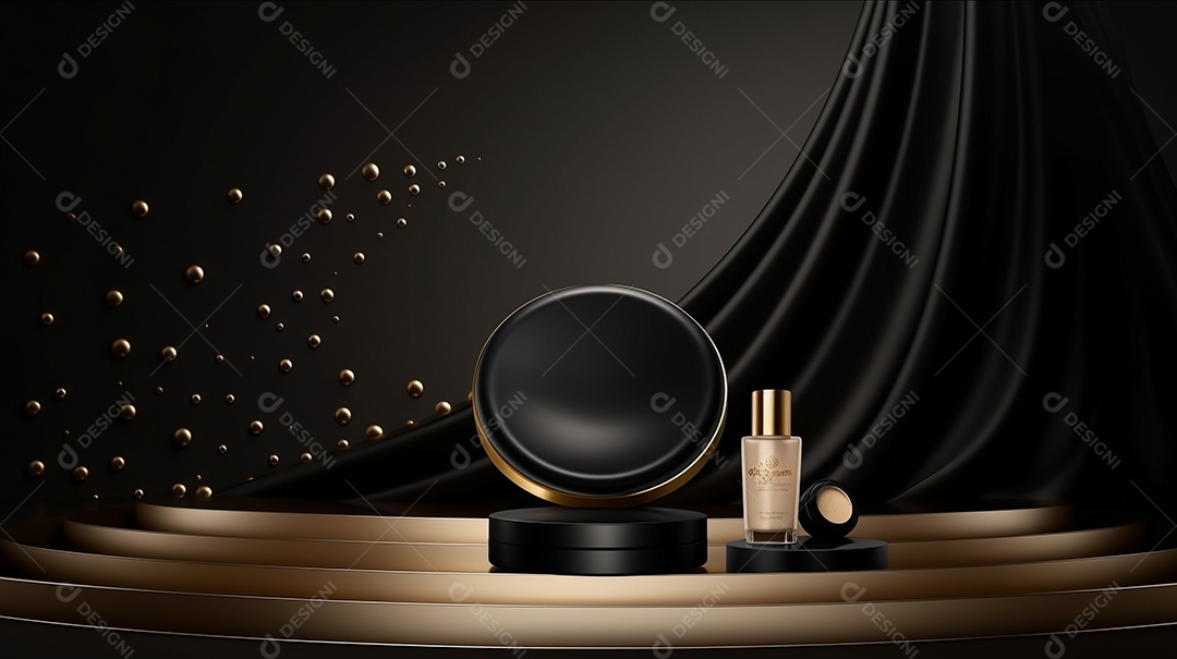 Renderização 3D do fundo preto do produto para cosméticos cremosos Fundo moderno do pódio dourado