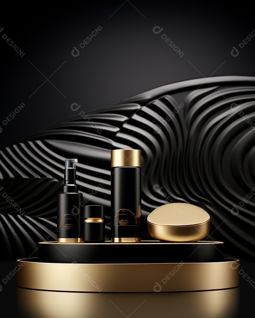 Renderização 3D do fundo preto do produto para cosméticos cremosos Fundo moderno do pódio dourado