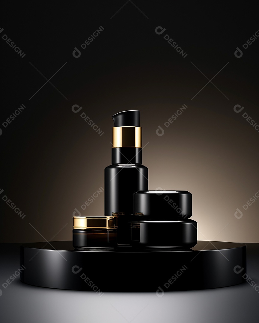 Renderização 3D do fundo preto do produto para cosméticos cremosos Fundo moderno do pódio dourado