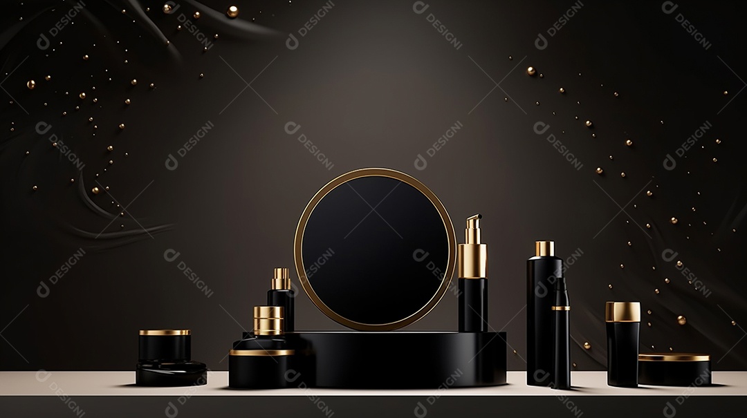 Renderização 3D do fundo preto do produto para cosméticos cremosos Fundo moderno do pódio dourado