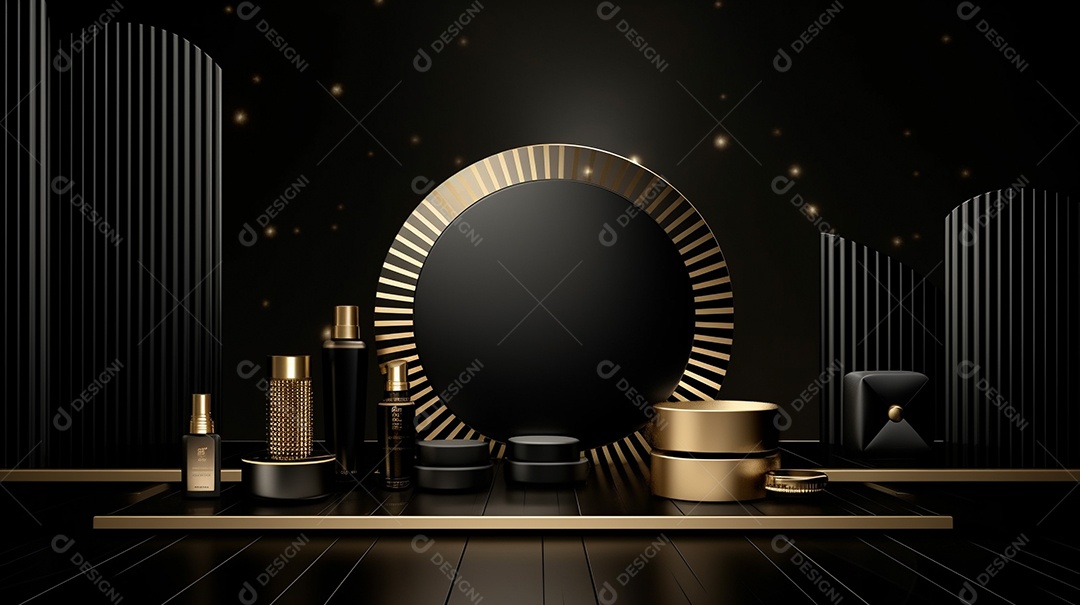 Renderização 3D do fundo preto do produto para cosméticos cremosos Fundo moderno do pódio dourado