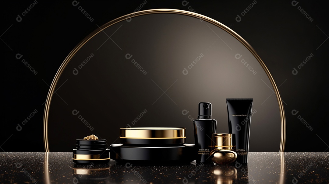 Renderização 3D do fundo preto do produto para cosméticos cremosos Fundo moderno do pódio dourado