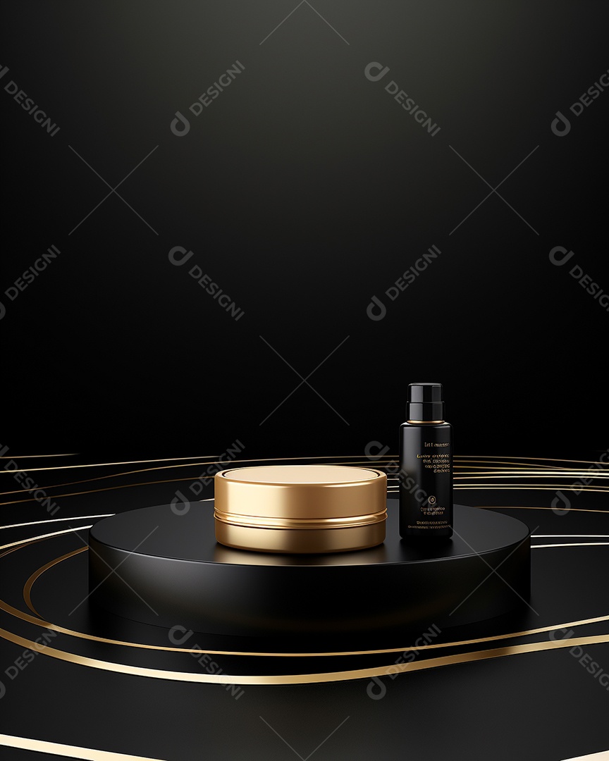 Renderização 3D do fundo preto do produto para cosméticos cremosos Fundo moderno do pódio dourado