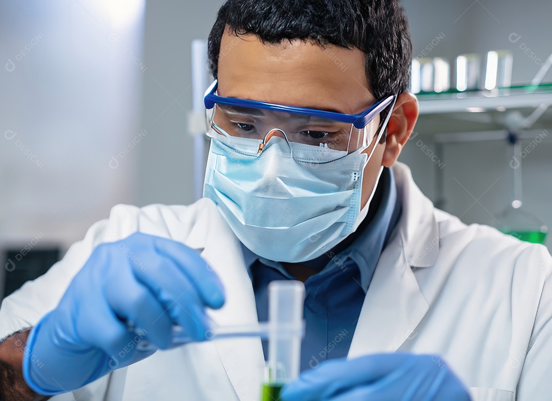 Pesquisador com uma máscara protetora trabalhando em um laboratório de pesquisa