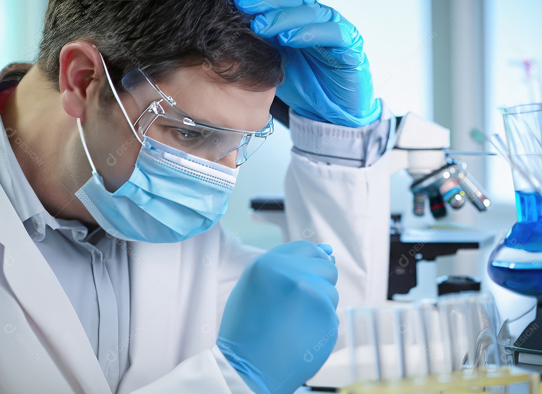 Pesquisador com uma máscara protetora trabalhando em um laboratório de pesquisa