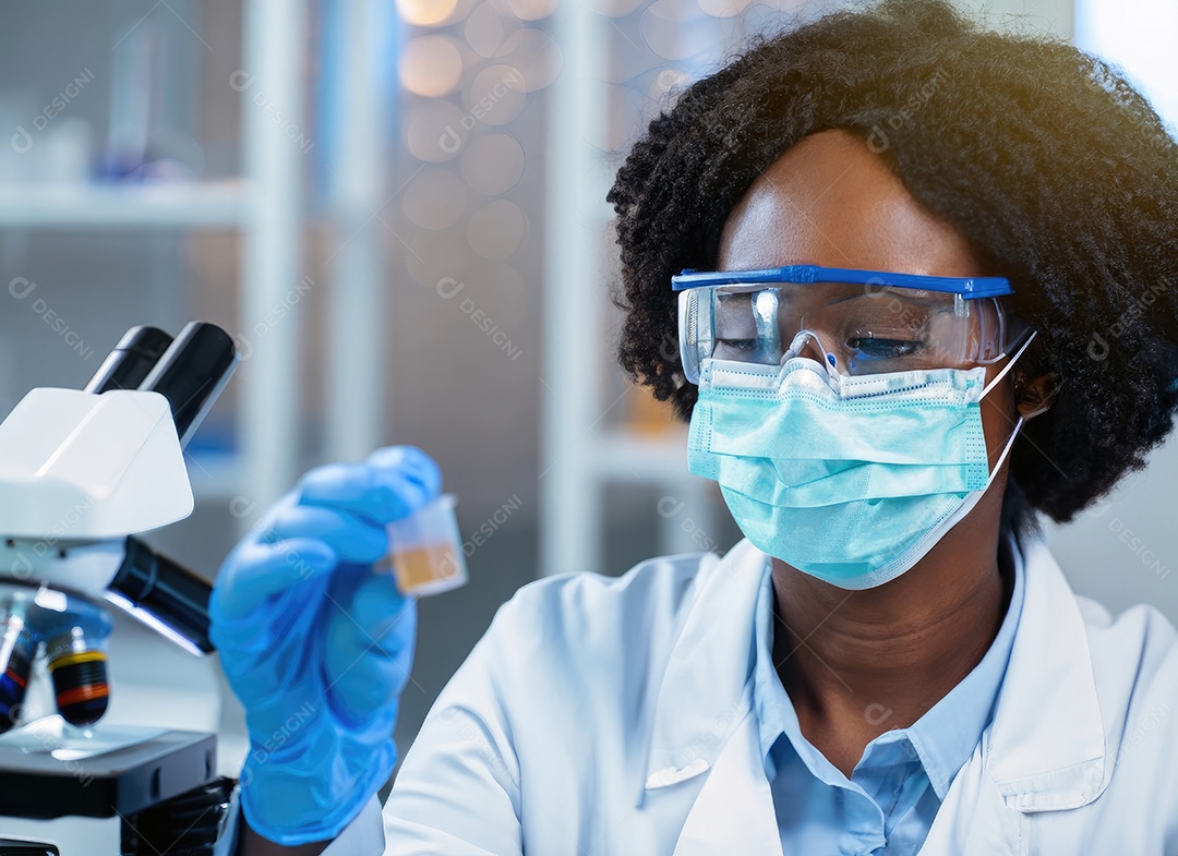 Pesquisador com uma máscara protetora trabalhando em um laboratório de pesquisa