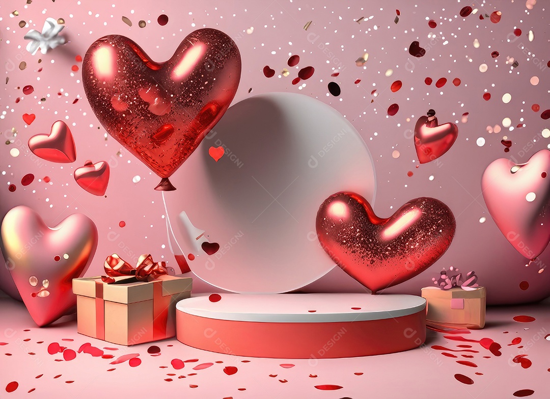 Feliz fundo do Dia dos Namorados. Pódio de palco 3d realista, estúdio redondo, objetos decorativos festivos, balões em forma de coração.