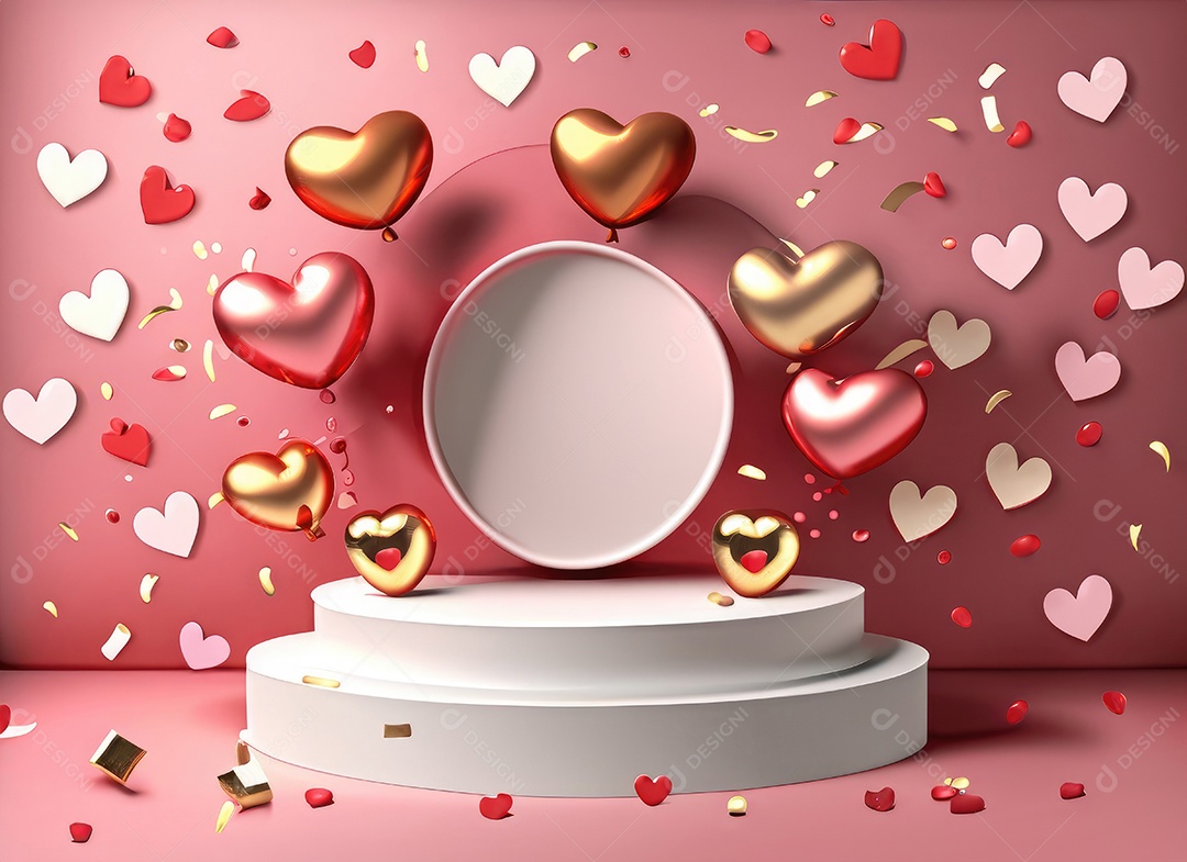 Feliz fundo do Dia dos Namorados. Pódio de palco 3d realista, estúdio redondo, objetos decorativos festivos, balões em forma de coração.