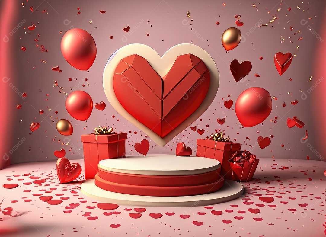 Feliz fundo do Dia dos Namorados. Pódio de palco 3d realista, estúdio redondo, objetos decorativos festivos, balões em forma de coração.