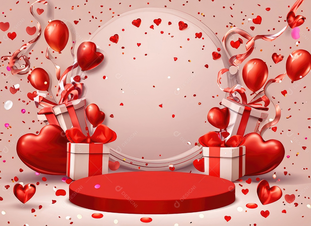 Feliz fundo do Dia dos Namorados. Pódio de palco 3d realista, estúdio redondo, objetos decorativos festivos, balões em forma de coração.