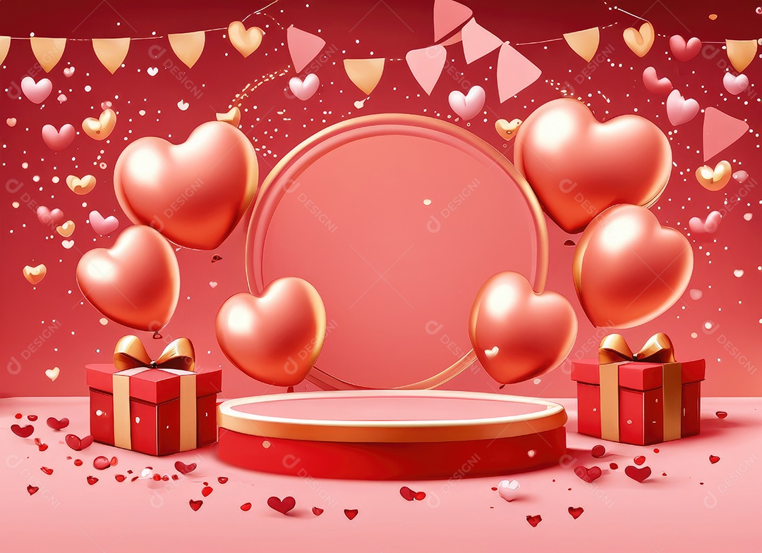 Feliz fundo do Dia dos Namorados. Pódio de palco 3d realista, estúdio redondo, objetos decorativos festivos, balões em forma de coração.