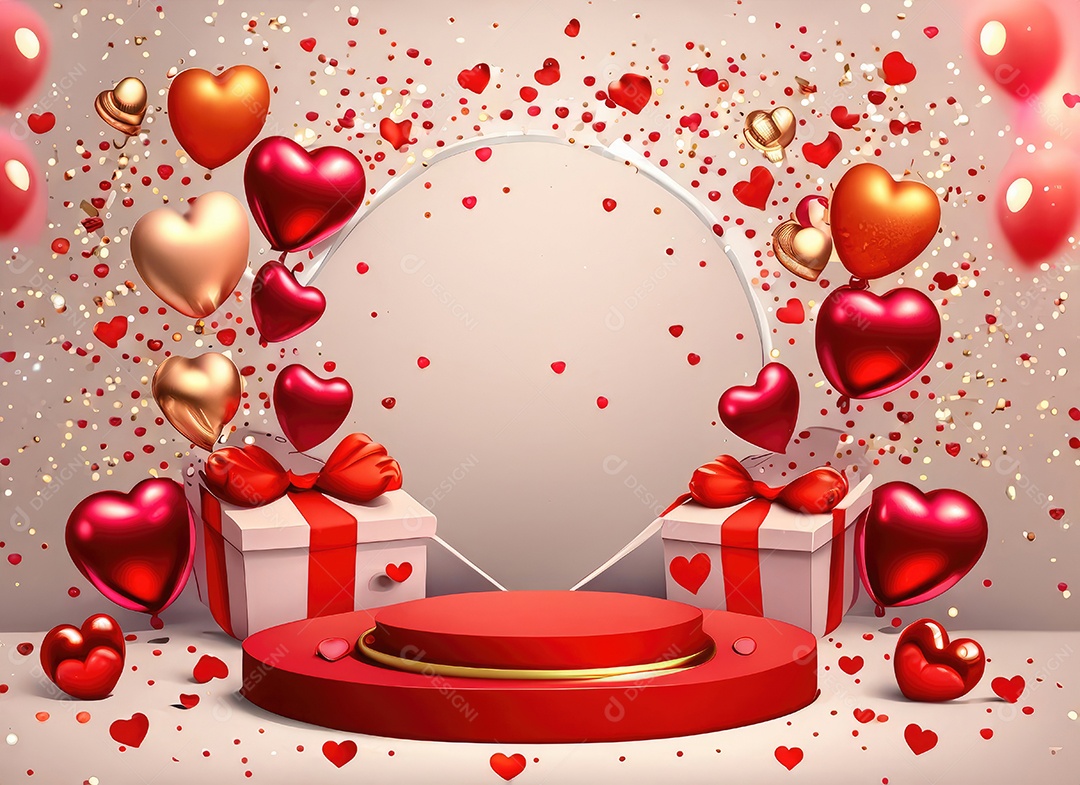 Feliz fundo do Dia dos Namorados. Pódio de palco 3d realista, estúdio redondo, objetos decorativos festivos, balões em forma de coração.