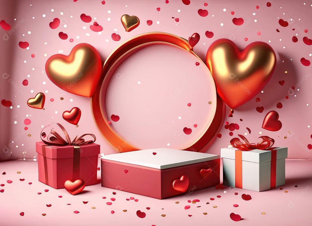 Feliz fundo do Dia dos Namorados. Pódio de palco 3d realista, estúdio redondo, objetos decorativos festivos, balões em forma de coração.