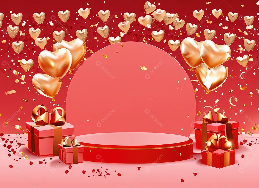 Feliz fundo do Dia dos Namorados. Pódio de palco 3d realista, estúdio redondo, objetos decorativos festivos, balões em forma de coração.