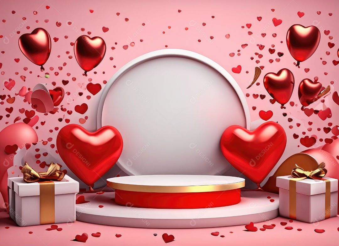 Feliz fundo do Dia dos Namorados. Pódio de palco 3d realista, estúdio redondo, objetos decorativos festivos, balões em forma de coração.