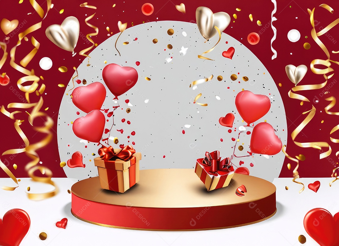 Feliz fundo do Dia dos Namorados. Pódio de palco 3d realista, estúdio redondo, objetos decorativos festivos, balões em forma de coração.