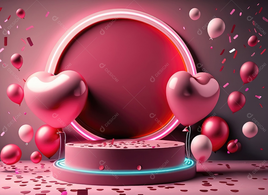 Feliz fundo do Dia dos Namorados. Pódio de palco 3d realista, estúdio redondo, objetos decorativos festivos, balões em forma de coração.