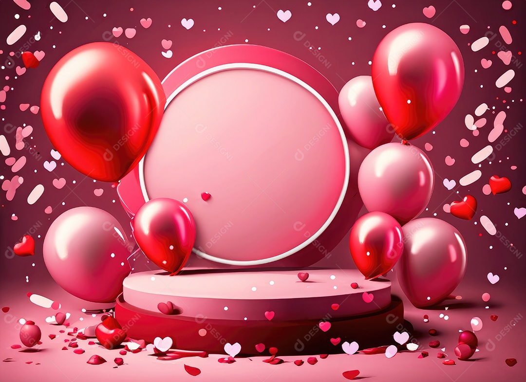 Feliz fundo do Dia dos Namorados. Pódio de palco 3d realista, estúdio redondo, objetos decorativos festivos, balões em forma de coração.