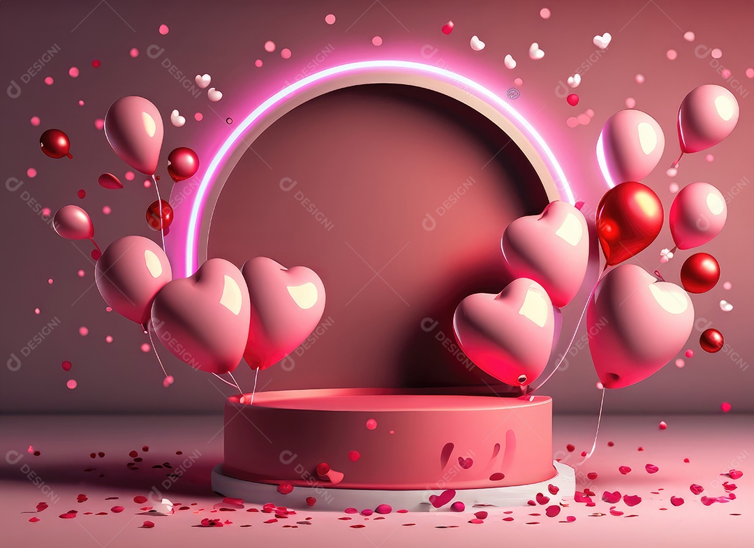Feliz fundo do Dia dos Namorados. Pódio de palco 3d realista, estúdio redondo, objetos decorativos festivos, balões em forma de coração.