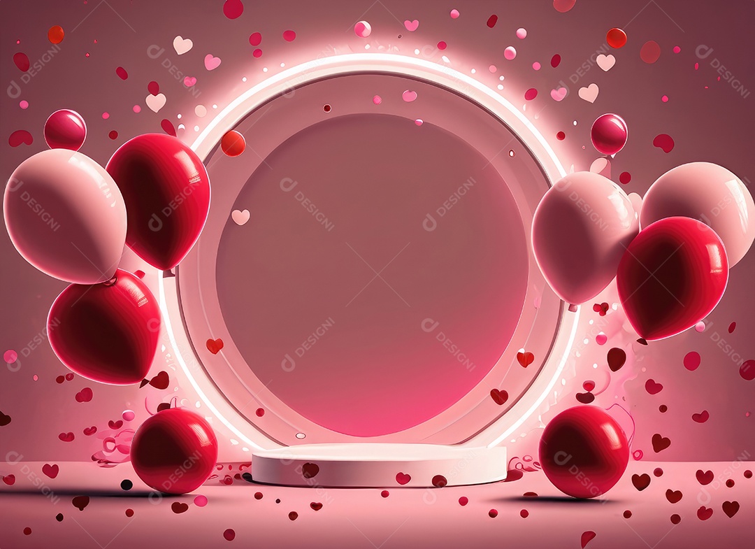 Feliz fundo do Dia dos Namorados. Pódio de palco 3d realista, estúdio redondo, objetos decorativos festivos, balões em forma de coração.