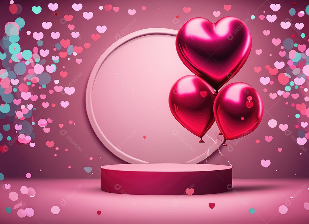 Feliz fundo do Dia dos Namorados. Pódio de palco 3d realista, estúdio redondo, objetos decorativos festivos, balões em forma de coração.