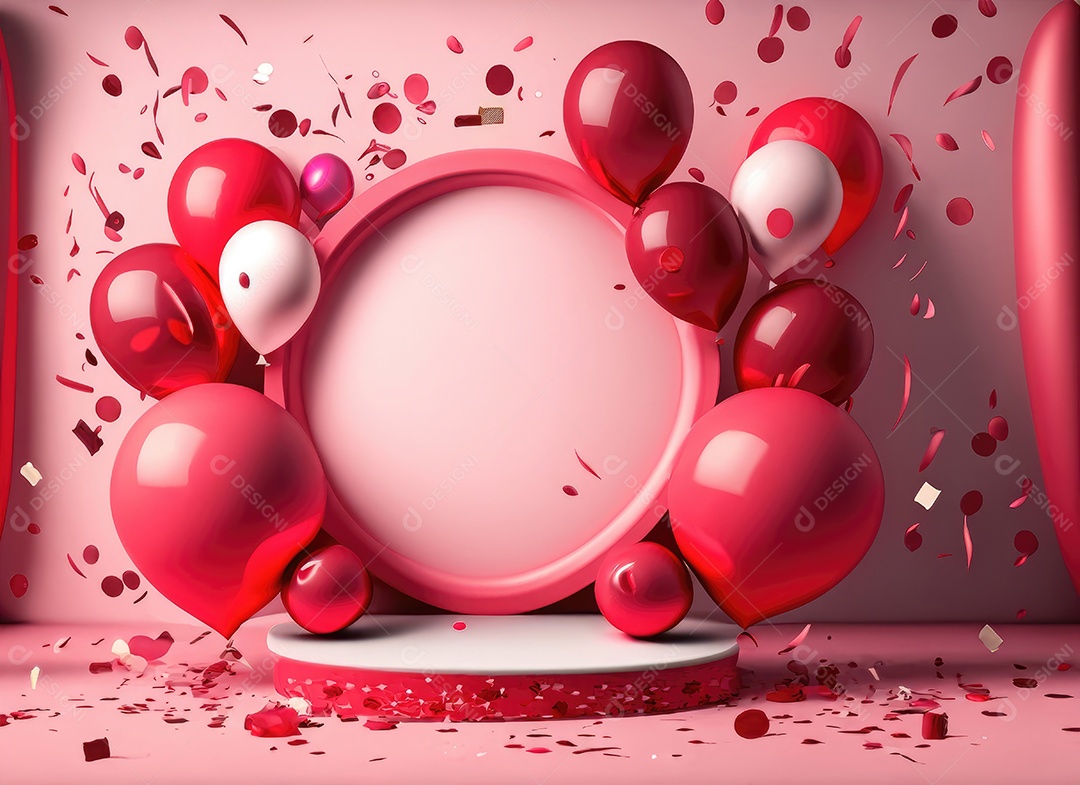 Feliz fundo do Dia dos Namorados. Pódio de palco 3d realista, estúdio redondo, objetos decorativos festivos, balões em forma de coração.