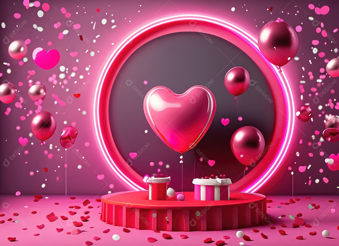 Dia dos namorados com balão vermelho e rosa, círculo neon, palco redondo,