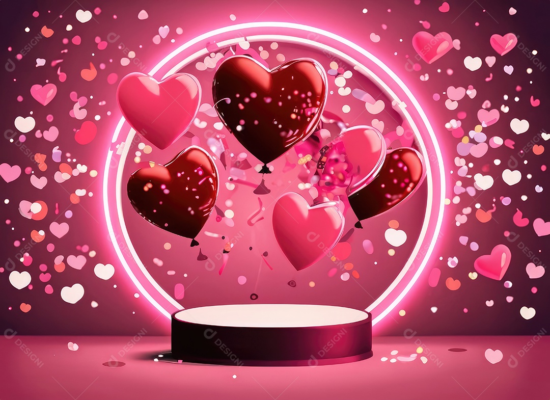 Dia dos namorados com balão vermelho e rosa, círculo neon, palco redondo,