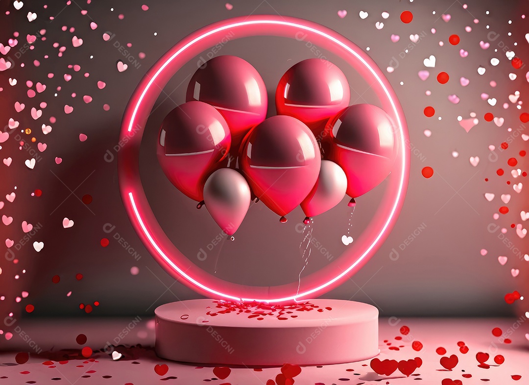 Dia dos namorados com balão vermelho e rosa, círculo neon, palco redondo,