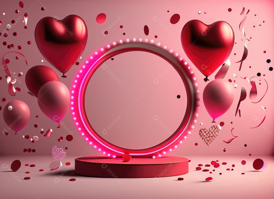 Dia dos namorados com balão vermelho e rosa, círculo neon, palco redondo,