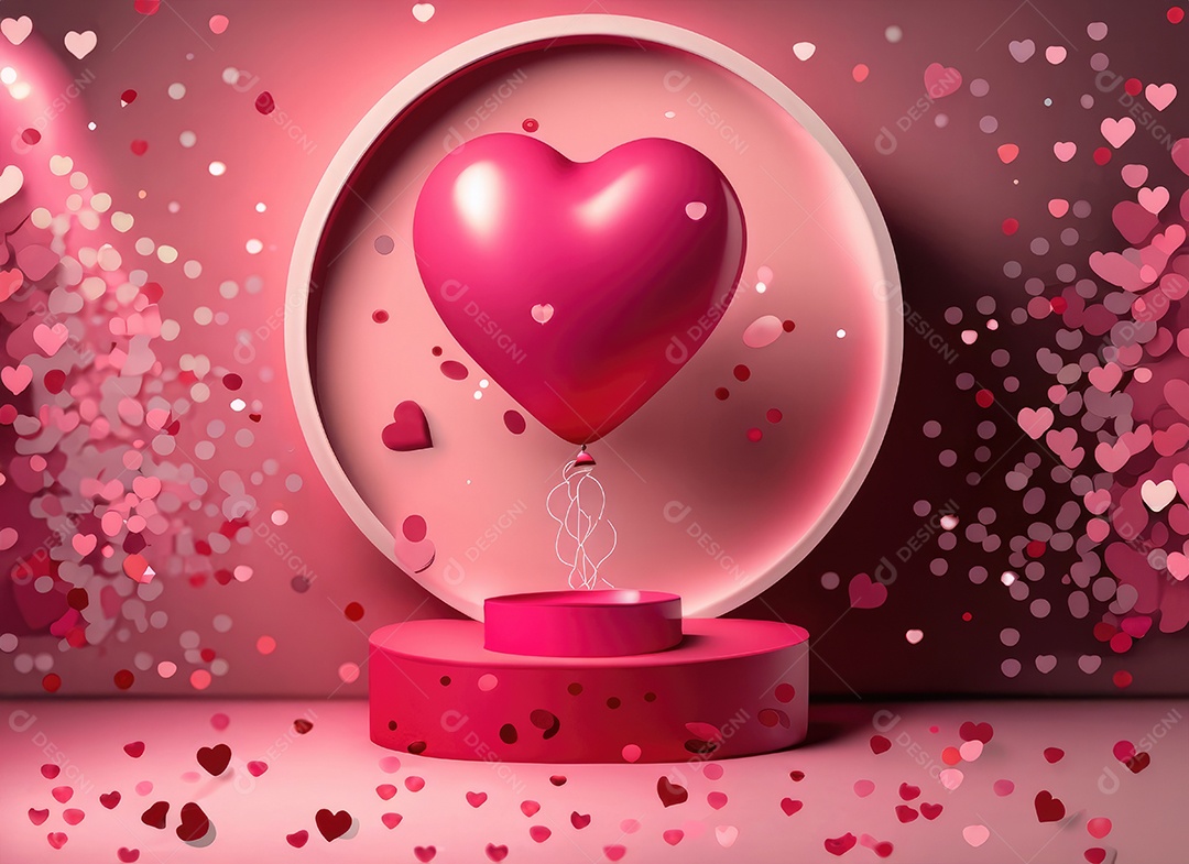 Dia dos namorados com balão vermelho e rosa, círculo neon, palco redondo,