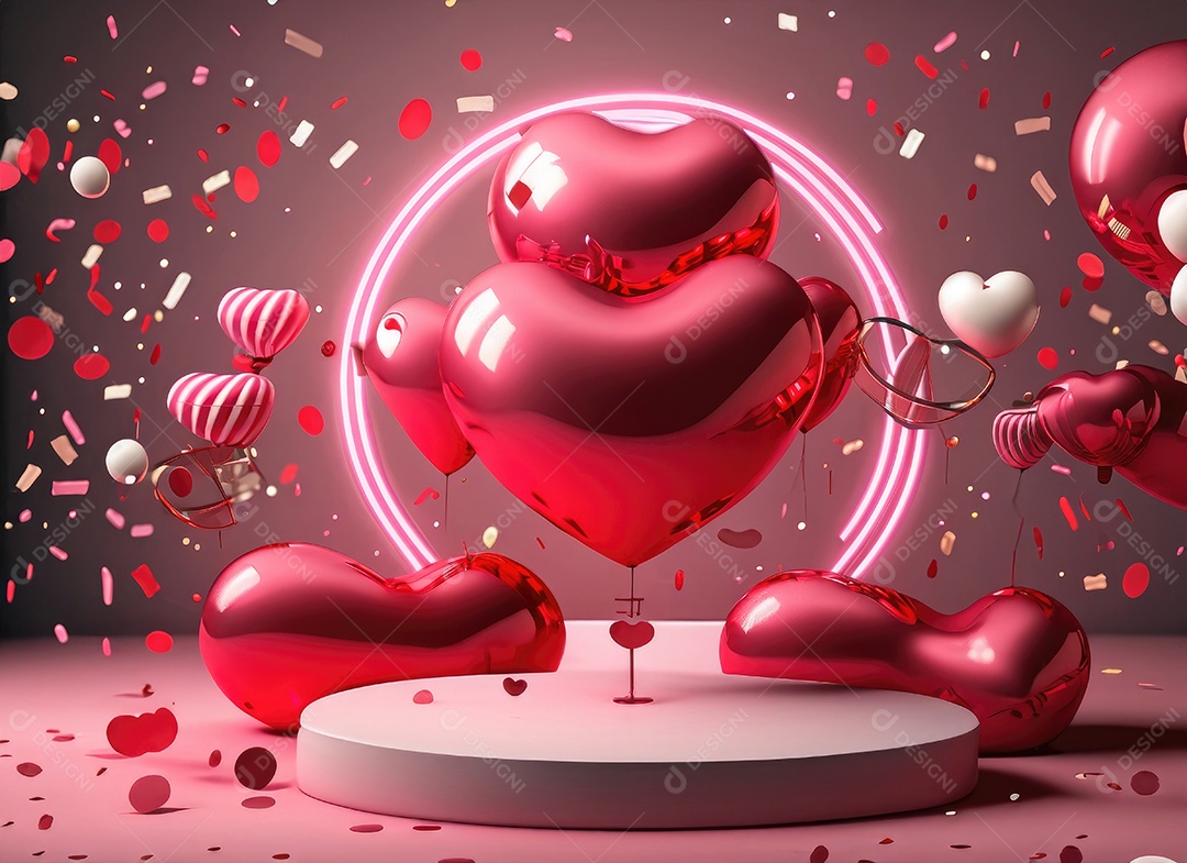 Dia dos namorados com balão vermelho e rosa, círculo neon, palco redondo,