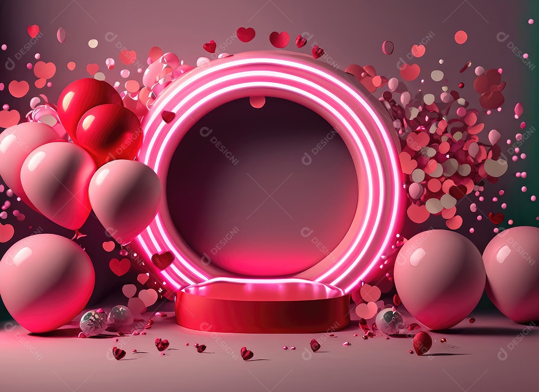 Dia dos namorados com balão vermelho e rosa, círculo neon, palco redondo,