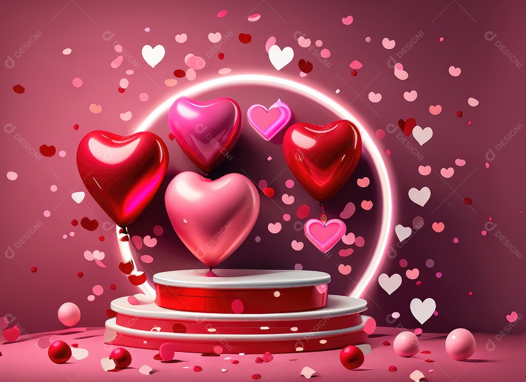 Dia dos namorados com balão vermelho e rosa, círculo neon, palco redondo,