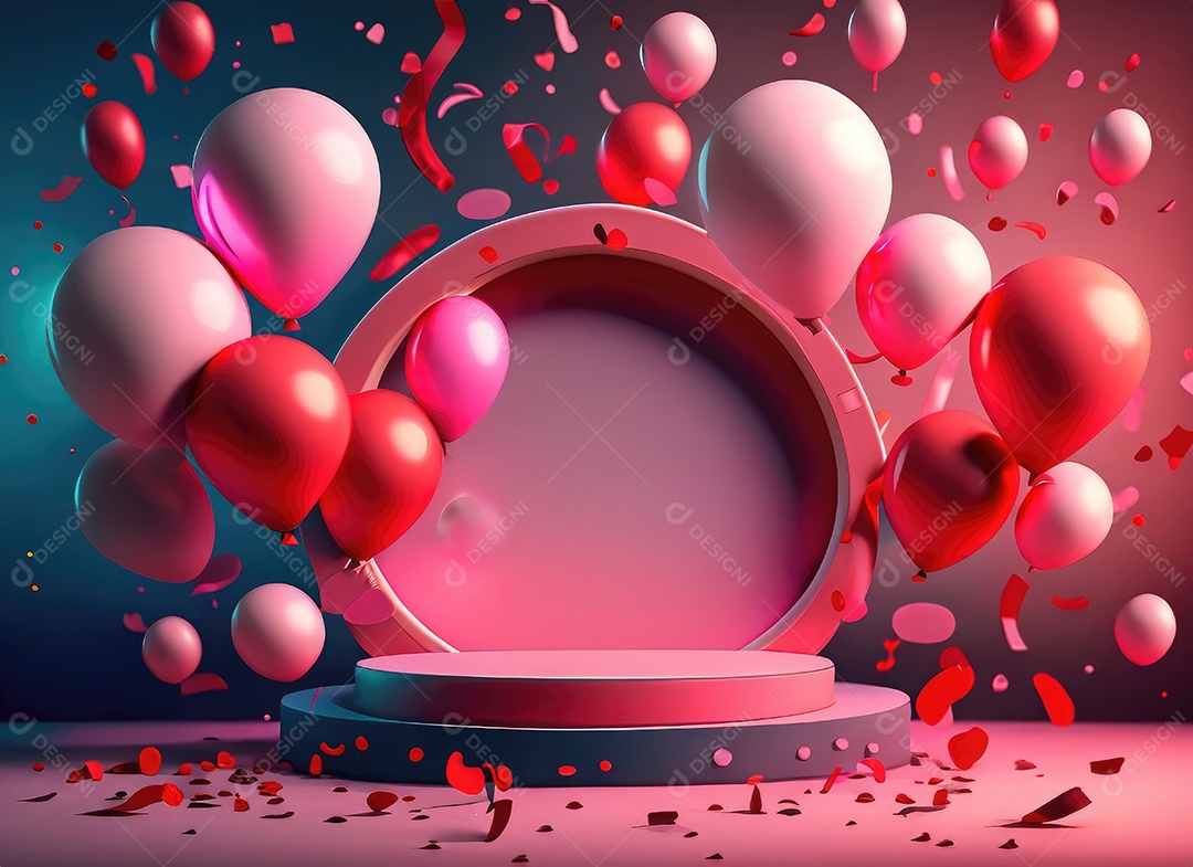 Dia dos namorados com balão vermelho e rosa, círculo neon, palco redondo,