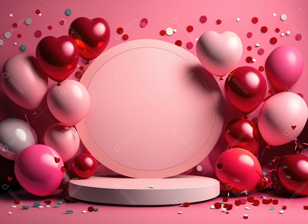 Dia dos namorados com balão vermelho e rosa, círculo neon, palco redondo,