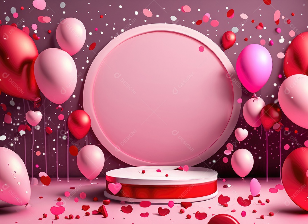 Dia dos namorados com balão vermelho e rosa, círculo neon, palco redondo,