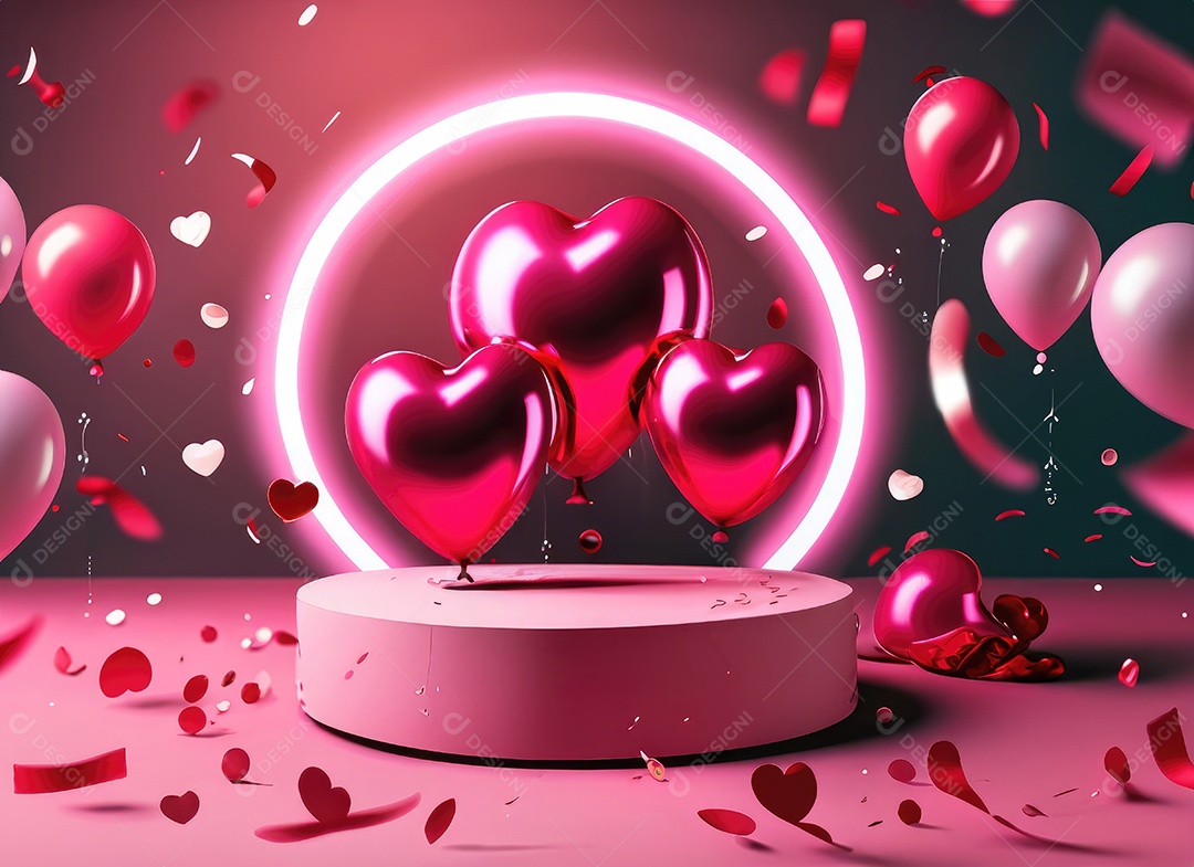 Dia dos namorados com balão vermelho e rosa, círculo neon, palco redondo,