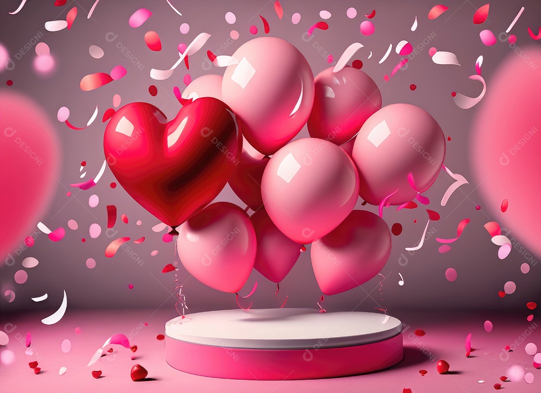 Dia dos namorados com balão vermelho e rosa, círculo neon, palco redondo,