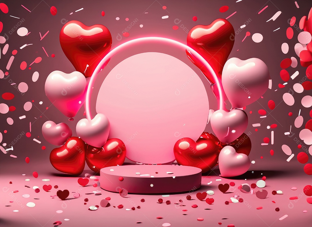 Dia dos namorados com balão vermelho e rosa, círculo neon, palco redondo,