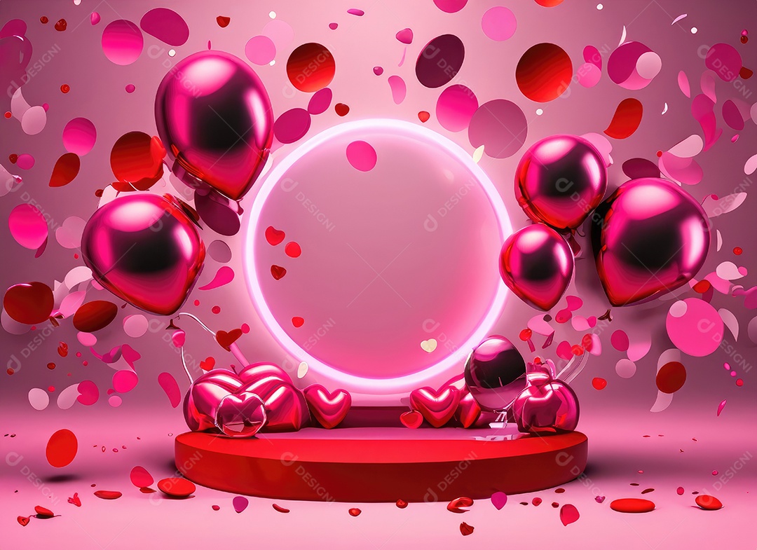 Dia dos namorados com balão vermelho e rosa, círculo neon, palco redondo,