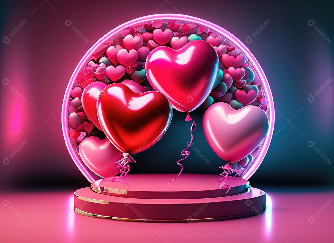 Dia dos namorados com balão vermelho e rosa, círculo neon, palco redondo,