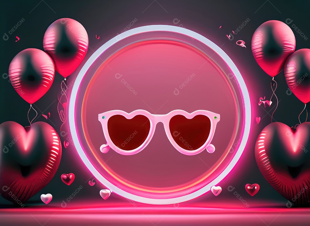 Dia dos namorados com balão vermelho e rosa, círculo neon, palco redondo,