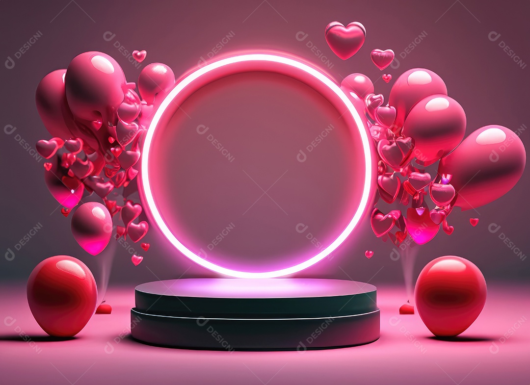 Dia dos namorados com balão vermelho e rosa, círculo neon, palco redondo,